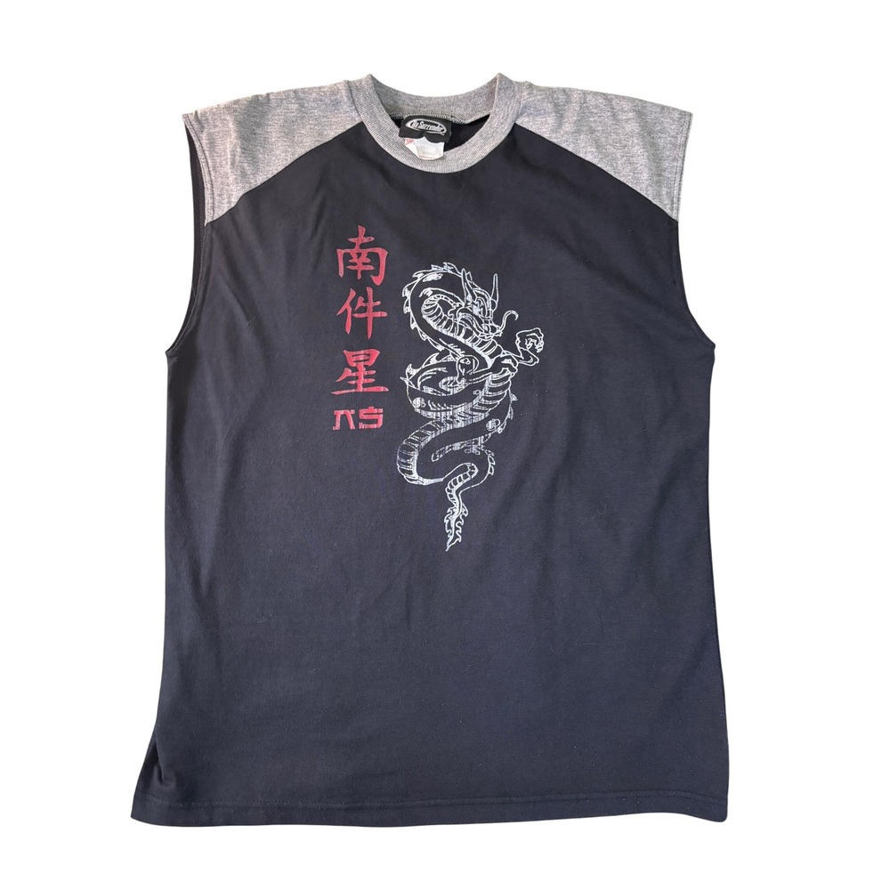 No Surrender Mens Dragon Kanji Sleeveless Graphic Tee Black Gray Y2K Large